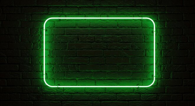 Glowing green neon sign on a dark brick wall for design and advertising