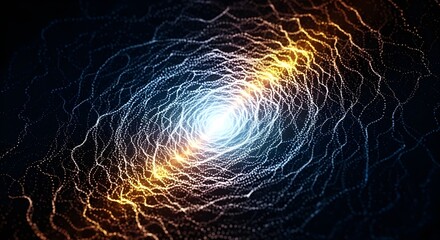 Futuristic abstract background depicting a glowing vortex or wormhole formed by swirling, connected particles and energy lines, transitioning from blue to orange light.
