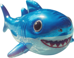 Inflatable blue shark balloon toy with playful cartoon smile