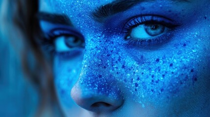 Woman with Blue Glitter Makeup Close-up