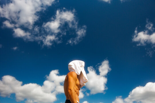 Athletic Man Portrait With Hidden Face Summer Outdoors
