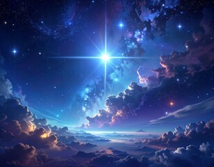 Beautiful starry night with a bright star and fluffy clouds