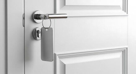 Elegant White Door with Shiny Handle and Blank Key Tag, Close-Up View