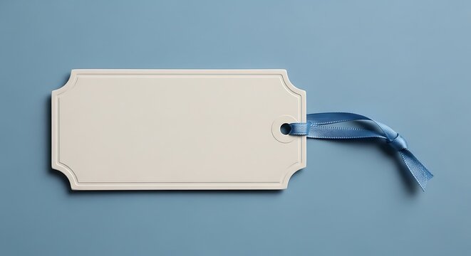 Elegant Cream Tag with Blue Ribbon on a Soft Blue Background, Minimalist Style