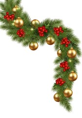 A festive Christmas garland corner decorated with shiny gold baubles, red berries, and twinkling lights on a white background.