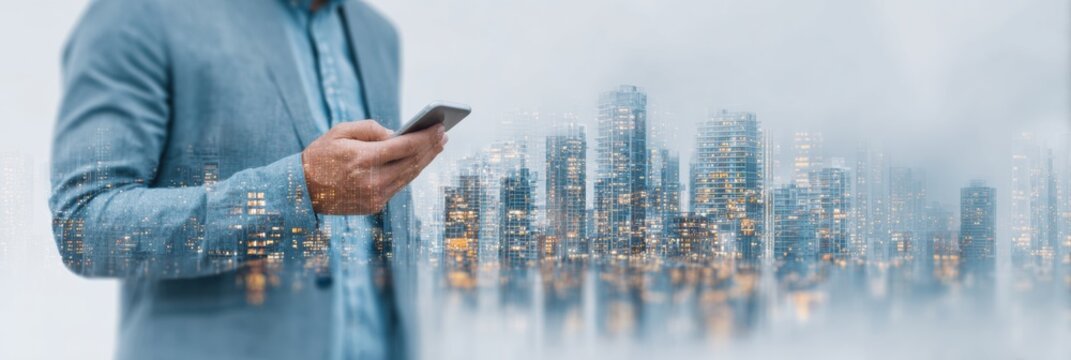 Business Professional Using Smartphone With City Skyline Overlay in a Modern Urban Setting