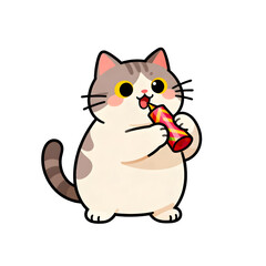Obraz premium Chubby Cute Cat Holding Party Blower Vector Illustration. Adorable kawaii kitten mascot celebrating an event, isolated on background.