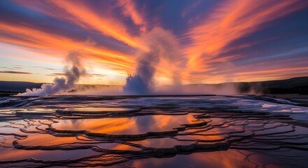 Surreal Geothermal Hot Spring with Rainbow Mineral Terraces at Sunset, Cinematic Ultra-Realistic Landscape in 8K