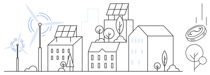 Urban skyline features solar-powered buildings, wind turbines, trees, and eco-friendly elements. Ideal for sustainability, renewable energy, clean living, green future, modern city design