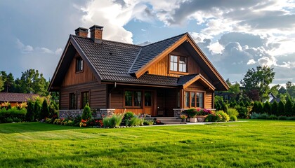 Obraz premium Wooden house in a yard on a sunny day