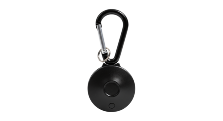 Black carabiner clip with a small round object attached isolated on transparent background a versatile accessory for outdoor activities and everyday use