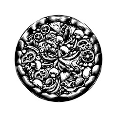 Black and white vector illustration of a pizza viewed from the top, showing detailed slices and toppings in a minimal flat style. Ideal for restaurant menus, cafe branding, food packaging