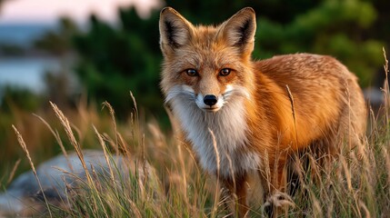 Fototapeta premium Red Fox Standing in Tall Grass Watching Wildlife Nature Scene