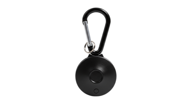 Black carabiner clip with a small round object attached isolated on transparent background a versatile accessory for outdoor activities and everyday use