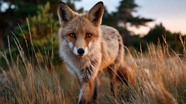 Red Fox Walking Through Tall Grass at Dusk in Natural Habitat