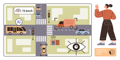 Smart city intersection with connected vehicles, traffic lights, AI technology, and sensors monitoring speeds. Ideal for urban planning, safety, AI, automation, mobility innovation efficiency