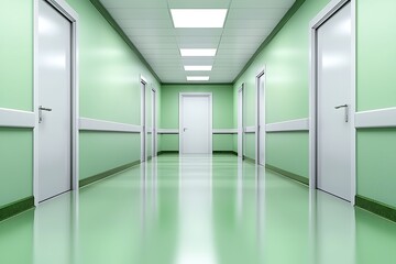 Bright Green Hospital Corridor with White Doors and Smooth Floor for Healthcare Themes