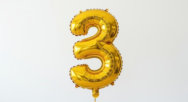 Gold foil number three balloon floating against a white background
