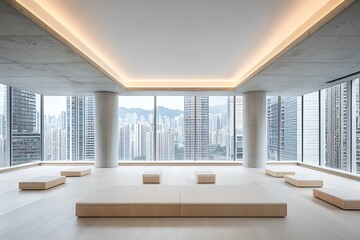 Fototapeta premium Modern Minimalist Interior Design with Large Windows Overlooking Urban Skyline
