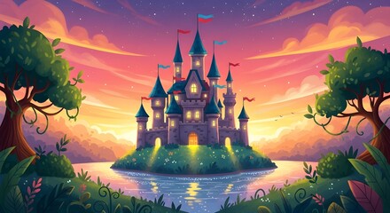 Whimsical Fairy Tale Castle on Hilltop at Sunset with Moat and Glowing Lights, Fantasy Illustration