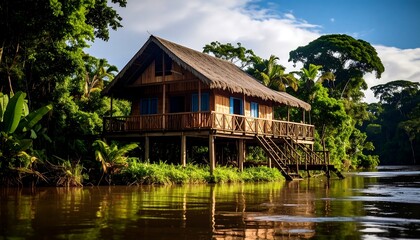 Fototapeta premium Wooden hut on stilts by a river in a lush rainforest