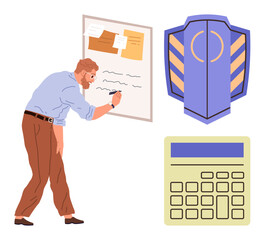 Man writing notes on board, shield symbol, and calculator illustrate strategic planning and financial calculations. Ideal for organization, analysis, protection, security, finance, productivity