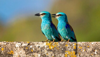 Two vibrant blue birds perched on a weathered stone wall