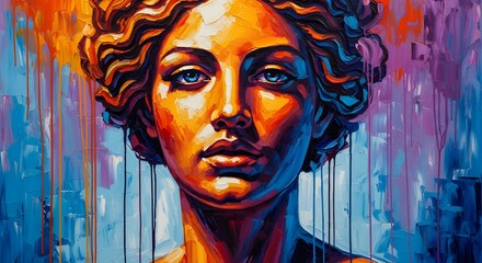 Noir Impasto Mythological Goddess Portrait in Fiery Orange Blue and Violet, Abstract Spiritual Oil Painting with Expressive Brushstrokes