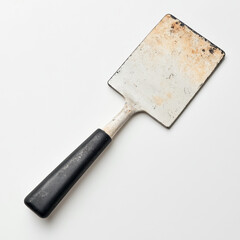 Metal spatula with black handle on white background, showcasing its worn surface and practical design for cooking
