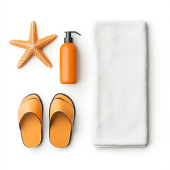 Bright beach shoes, sunscreen bottle, towel, and starfish create vibrant summer scene. Perfect for relaxation and fun in sun