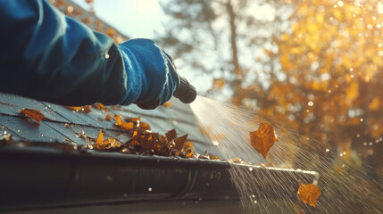 Cleaning leaves from roof with pressure washer, person wearing safety gloves and blue jacket sprays water on autumn foliage