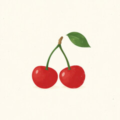 Red cherry duo connected by green stem and leaf, creating cheerful and vibrant appearance