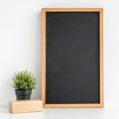 Vertical blackboard with blank surface, framed in wood, accompanied by small potted plant, creates minimalist and inviting atmosphere