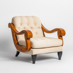 Vintage armchair featuring curved wooden arms and cushioned seat, exuding elegance and comfort in stylish design