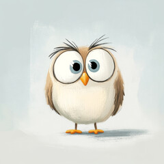 Cute cartoon owl with large eyes stands on light background, exuding playful and curious expression