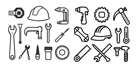 Construction & Tools Icons Pack | Hammer, Wrench, Screwdriver, Gear, and Building Equipment Vector Set | Minimal Line and Solid Style