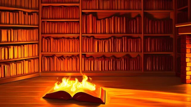 virtual fireplace flaming book in a library knowledge on fire