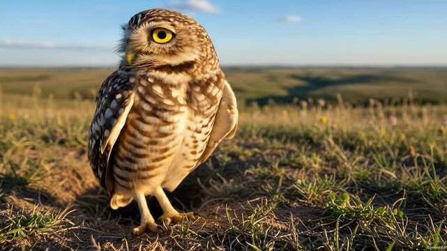 A detailed image of a Burrowing Owl perched in grass with a blurred background of rolling hills and sky