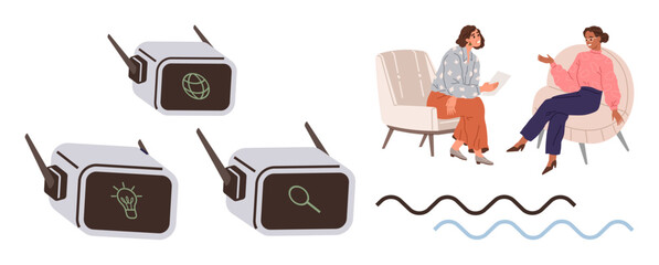 Headsets with icons for AI, idea, and search paired with two women sitting and discussing on armchairs. Ideal for technology, AI, learning, innovation, teamwork discussion communication. Simple