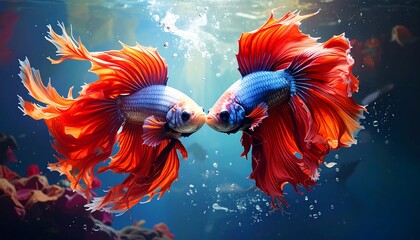 Two vibrant fish gracefully meet underwater