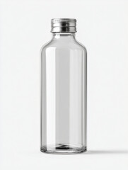 Elegant clear glass bottle with sleek metal cap on clean white background.