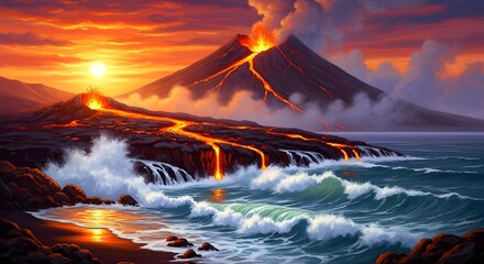 Majestic Volcanic Coast at Sunset, Vibrant Oil Painting with Lava Flow and Ocean Waves, Expressive Brushstroke Landscape Art