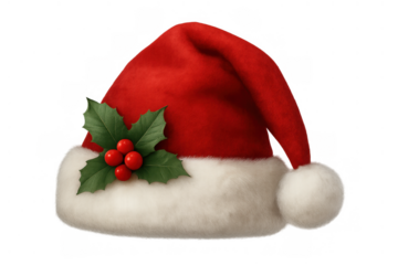 Santa hat in red velvet with white fur trim and a decorative holly sprig with red berries, ideal for festive concepts