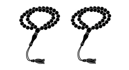 Two black prayer beads with tassels displayed in a simple monochrome style