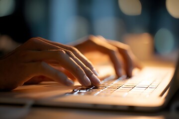 close up hands typing on laptop keyboard, office desk, shallow depth of field, photo realistic, high detail, commercial lighting