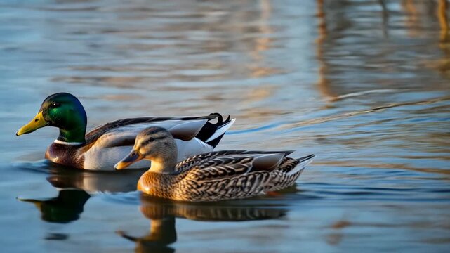 Two ducks glide on calm water, one male, vibrant, and one female, blending in