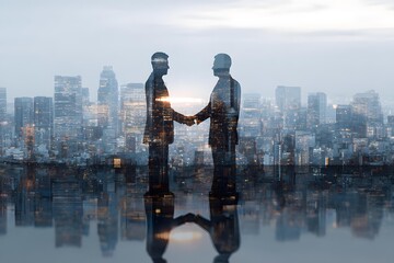 two businessmen shaking hands in front of city skyline, success concept, photo realistic, commercial lighting, modern corporate style