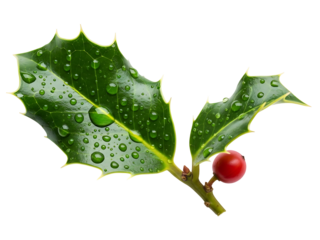 Holly Berry Branch with Water Droplets Christmas Festive Evergreen