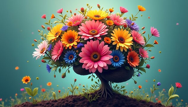 A brain made of colorful flowers and plants growing out of soil, symbolizing positive thinking, mindfulness, and creativity.
