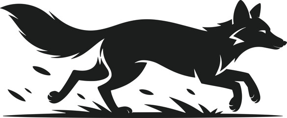Black fox running silhouette on white background animal